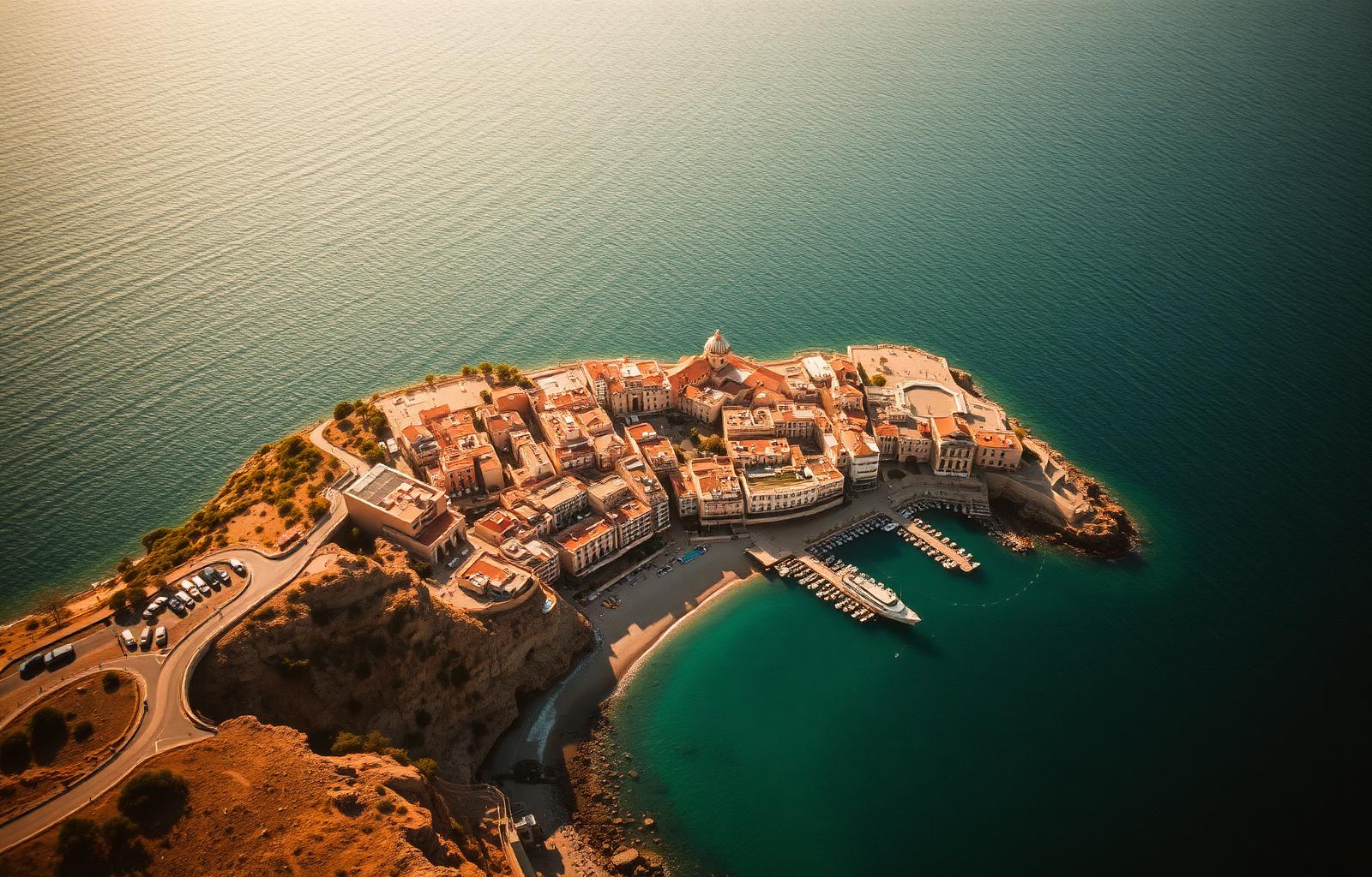 A coastal town from above at golden hour